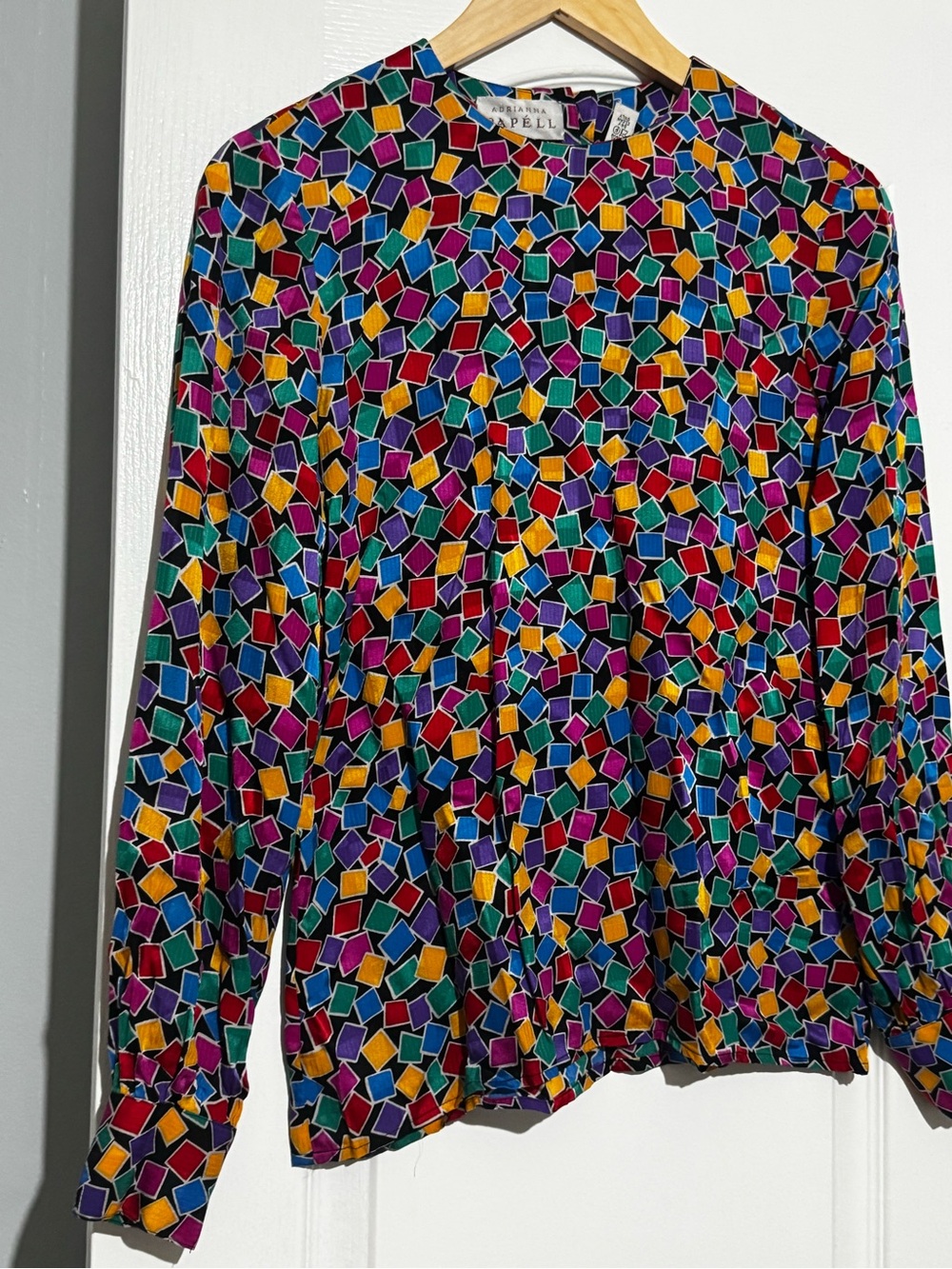 Vintage Silk Adrianna Papell Multicolor Geometric Long-Sleeve Blouse